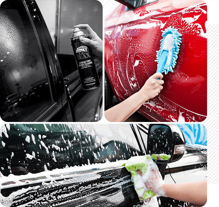 A collage of images showing a car being washed and waxed, including a hand applying wax spray on the red car body and another scrubbing it with soap suds.