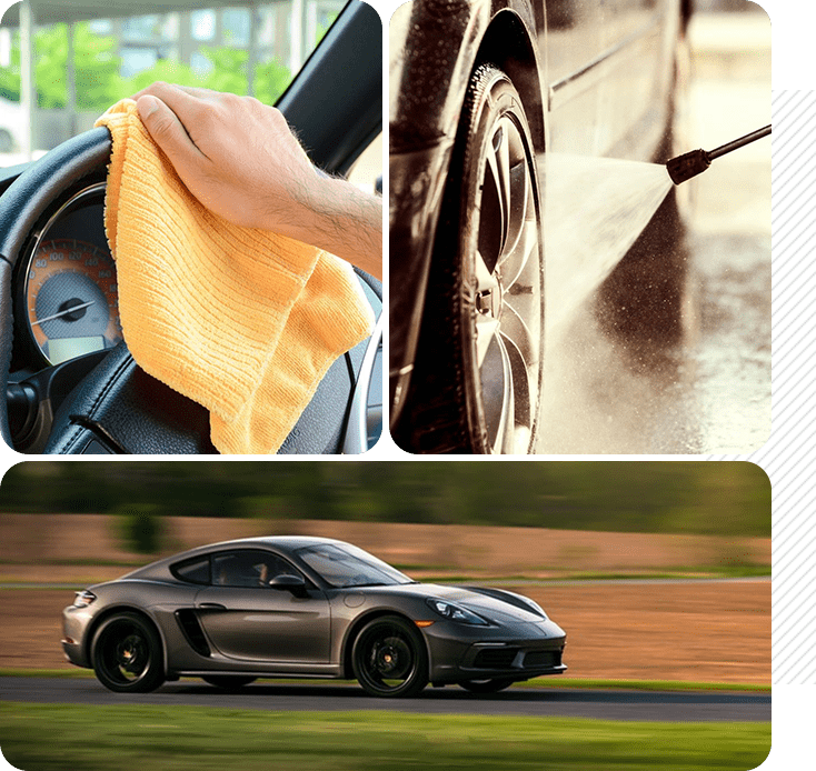 Collage of three images: a person wiping a car steering wheel, a close-up of a car wheel being washed, and a black sports car in motion.