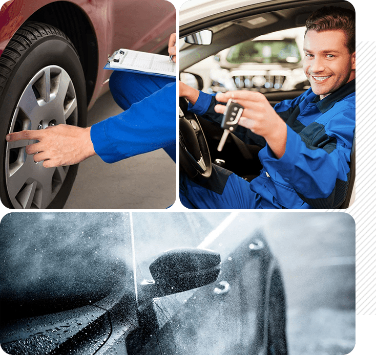 A collage of three images showing automotive services: a mechanic adjusting a car tire, a man smiling and holding car keys inside a vehicle, and a close-up of raindrops on a car window.